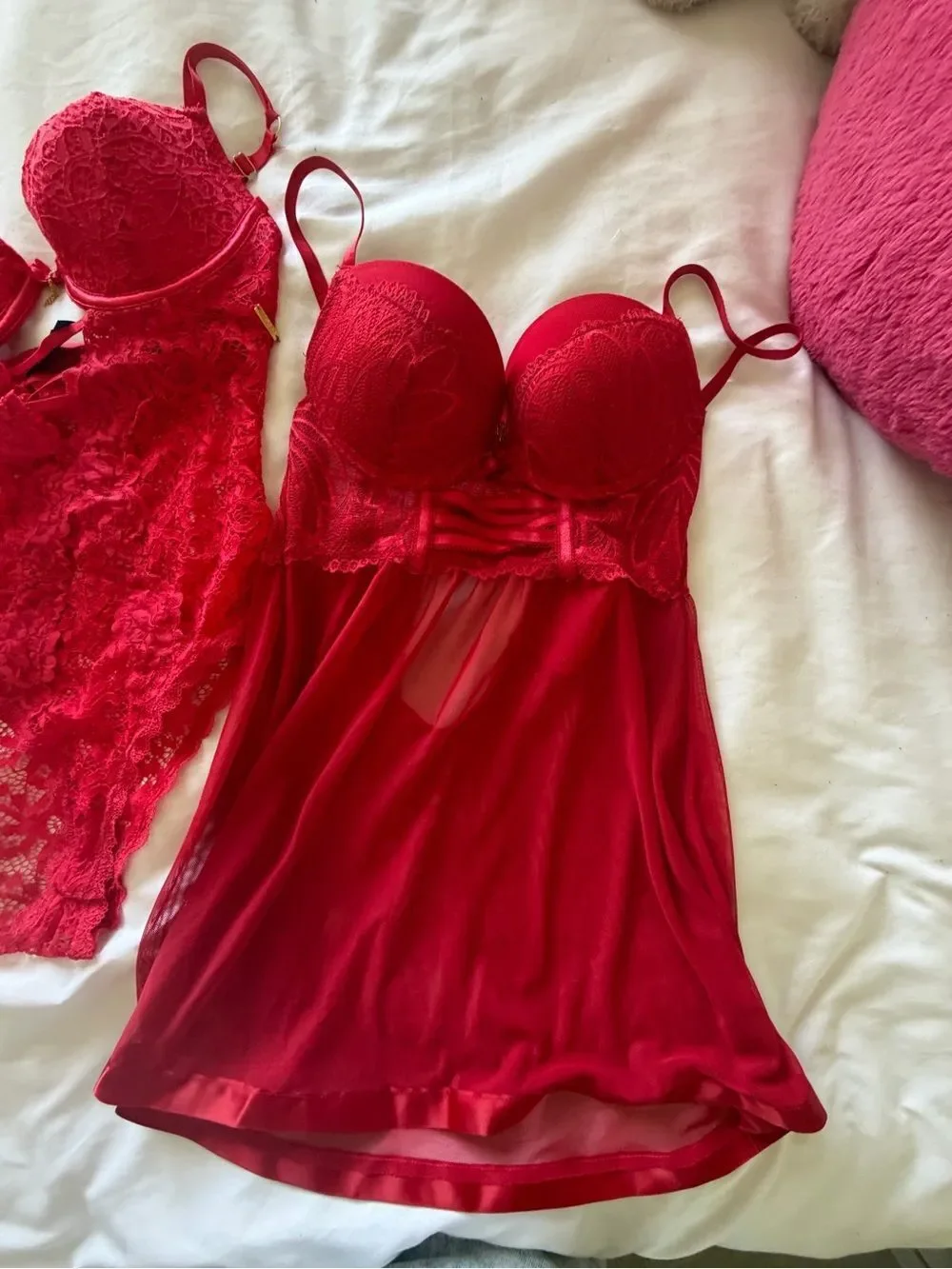 Daisy Fuentes Red Lace Bodysuit and Red Chemise Set
